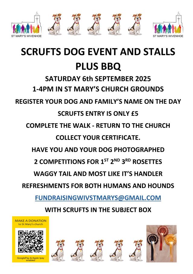 A poster advertising the Scrufts dog event  and stalls and BBQ, 1-4pm  on Saturday 6 September in St Mary's church grounds.